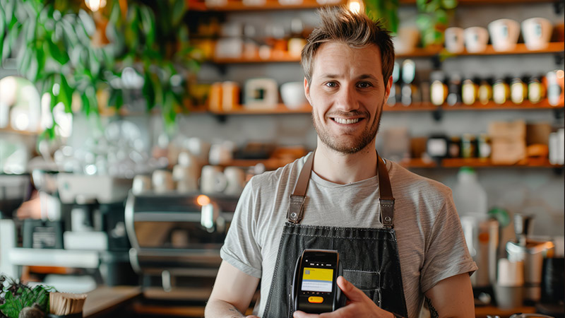  Smiling man holding a payment terminal in his cafe.